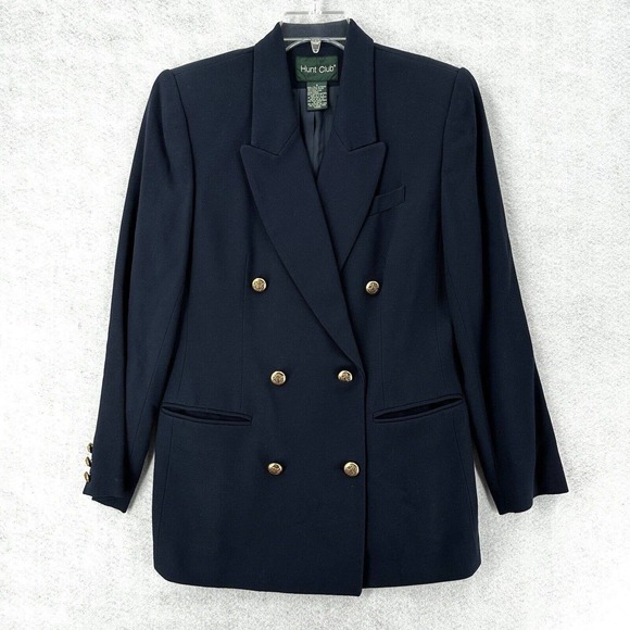 VINTAGE Hunt‎ Club Double Breasted Blazer Womens 8 Jacket Blue Gold Buttons Wool - Picture 1 of 14
